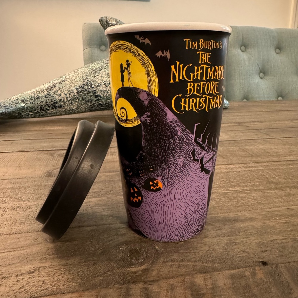 Nightmare Before Christmas ceramic drinking glass with silicone snap on lid.